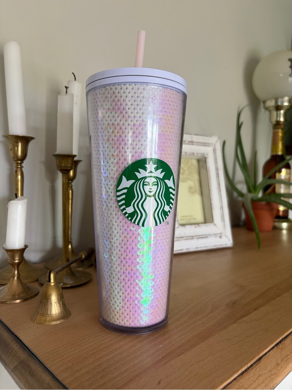 Starbucks Iridescent Pink Sequin Reusable Tumbler with Green Logo
